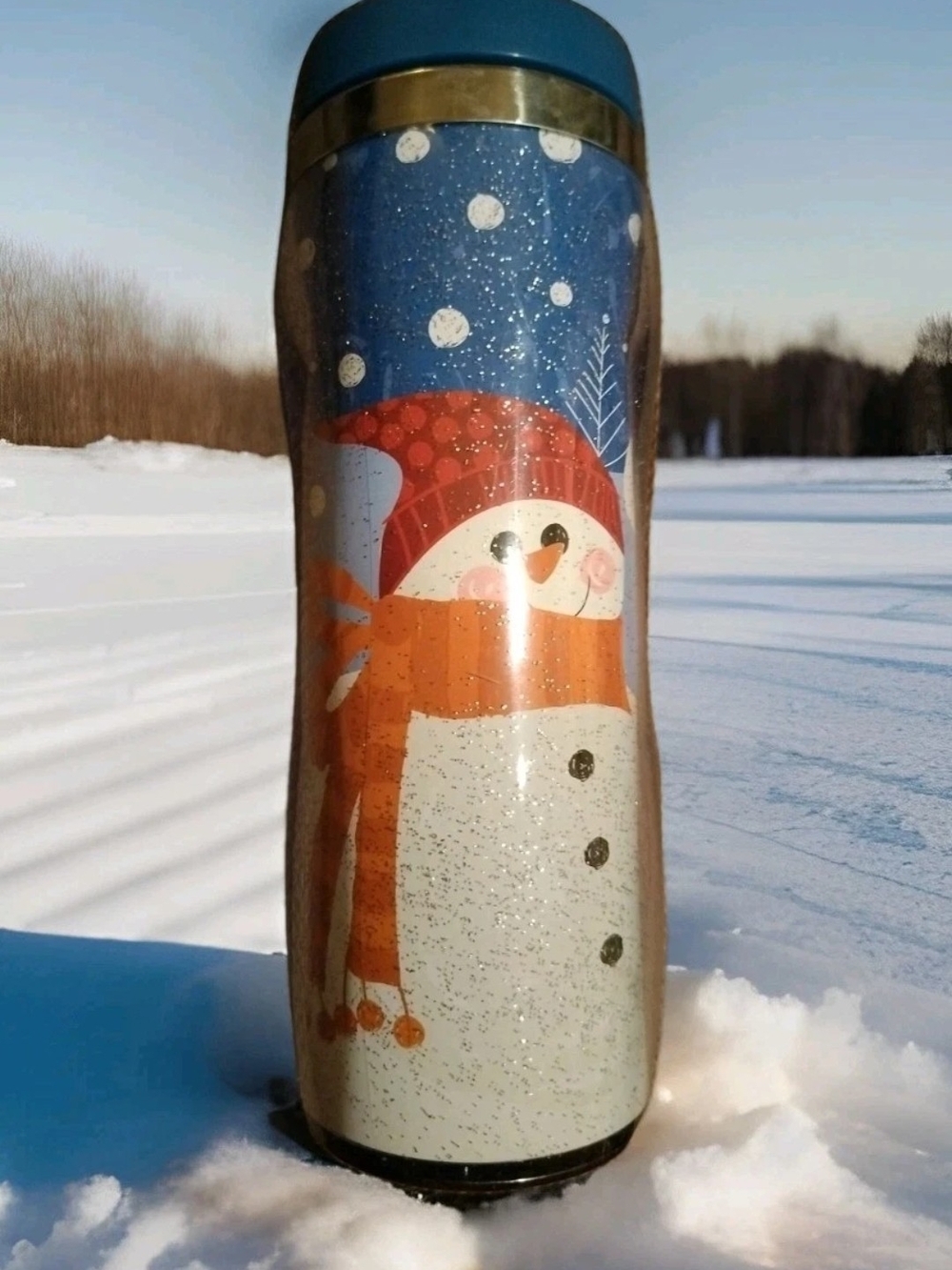 Festive Snowman Travel Tumbler - Blue, Red & White 16 oz